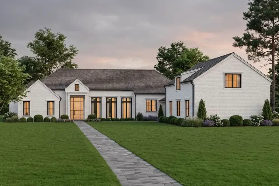 Alternate angle rendering of Plan 405147FDC showing the front facade in landscape context