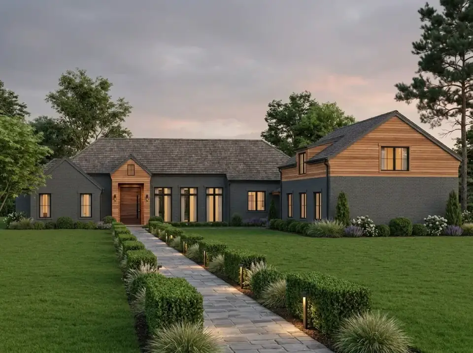 Moody Modern Farmhouse facade variant — dark grey brick on lower level with matching dark siding above, warm natural wood planks cladding the entry gable and garage wing, dark metal roof, structural landscaping with rows of boxwoods and ornamental grasses along a stone pathway