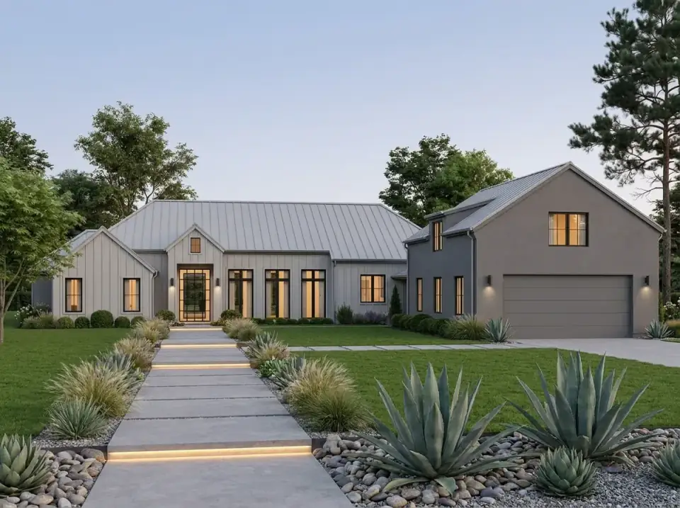 Scandinavian-Inspired Minimalism facade variant — entirely light grey board-and-batten siding, standing-seam metal roof in soft grey, black window frames, concrete paver walkway with integrated LED strip lighting, drought-tolerant agave and river stones