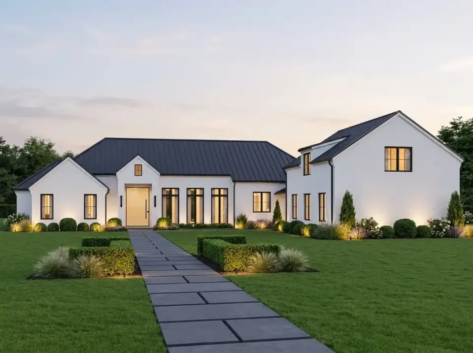 Classic Modern Farmhouse facade variant — crisp white board-and-batten siding contrasted by dark charcoal metal roof and black window frames, prominent gabled entry with large glass door, long pathway of large rectangular pavers bordered by low hedges ornamental grasses and pathway lights
