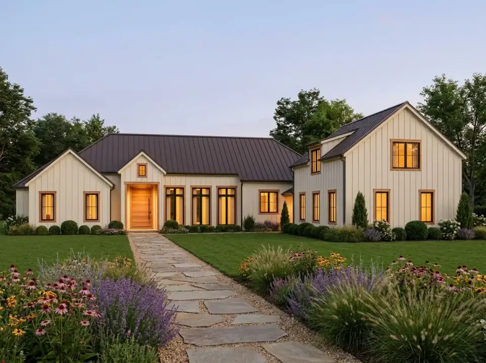 Warm and Rustic Farmhouse facade variant — cream or off-white board-and-batten siding with natural wood trim around windows and doors, dark metal roof, naturalistic prairie-style landscape with flagstone path and abundant lavender coneflowers and wildflowers