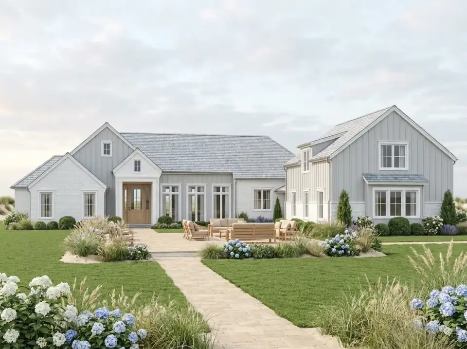 Coastal Chic facade variant — white painted brick main body with light grey shake siding on gabled sections, light grey composite or shingle roof, rear patio shown furnished with teak lounge seating, lush landscape with hydrangeas tall grasses and stone paver path