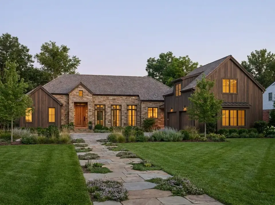 Rustic Mountain Lodge facade variant — dark vertically oriented wood siding with prominent stacked stone veneer at entry and living room windows, wood shingle roof, large ornate wood front door, rugged naturalistic landscape with flagstone path interplanted with creeping thyme and mature trees