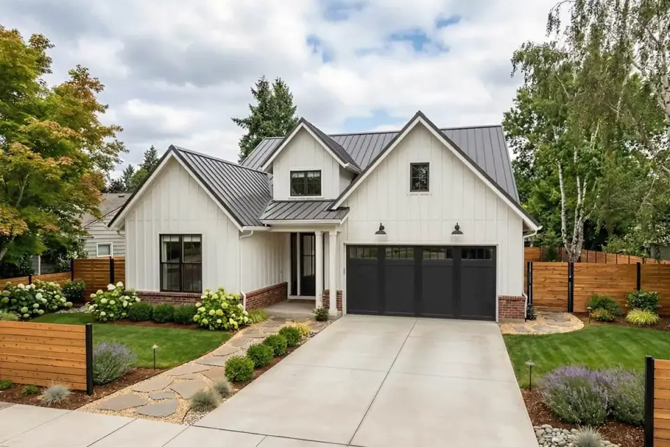 Front exterior of modern farmhouse 69917AM with white vertical board-and-batten siding, stone wainscot, black-framed windows, and a dark standing-seam metal roof
