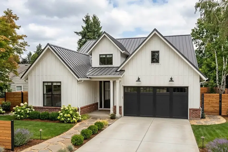 Angled exterior view of the modern farmhouse plan showing the multi-gable roofline, covered front porch, and two-car garage with a black door