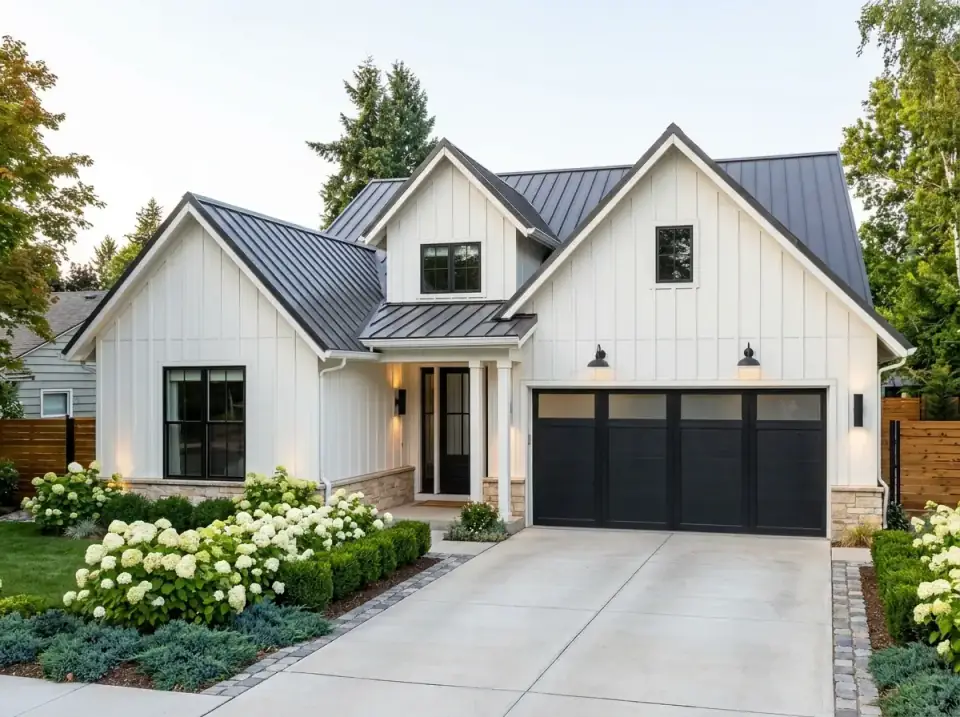 Classic farmhouse facade with white vertical siding, natural stone base, dark metal roof, cobblestone driveway banding, and massed white hydrangeas