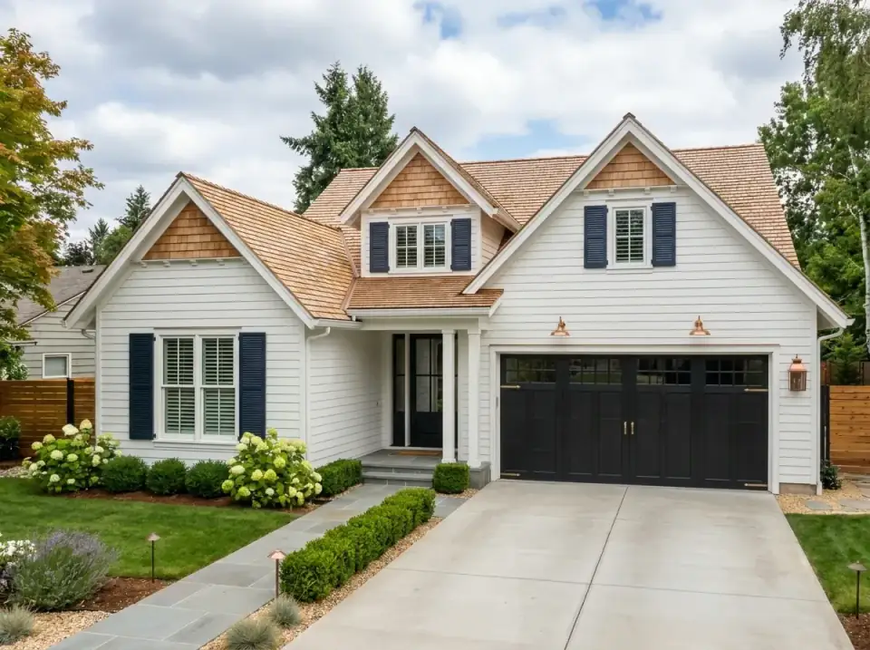 Shingle-style cottage farmhouse with white clapboard, cedar shingle roof, navy louvered shutters, and a bluestone walkway