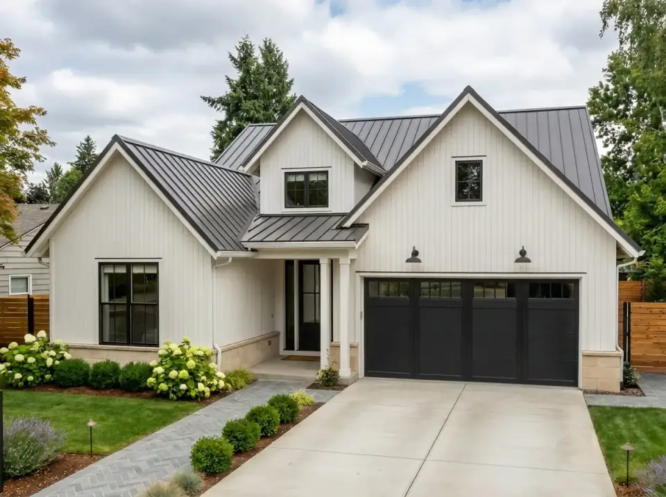 Masonry-detail farmhouse with white vertical siding, warm limestone base, gray brick paver walk, and rounded boxwoods