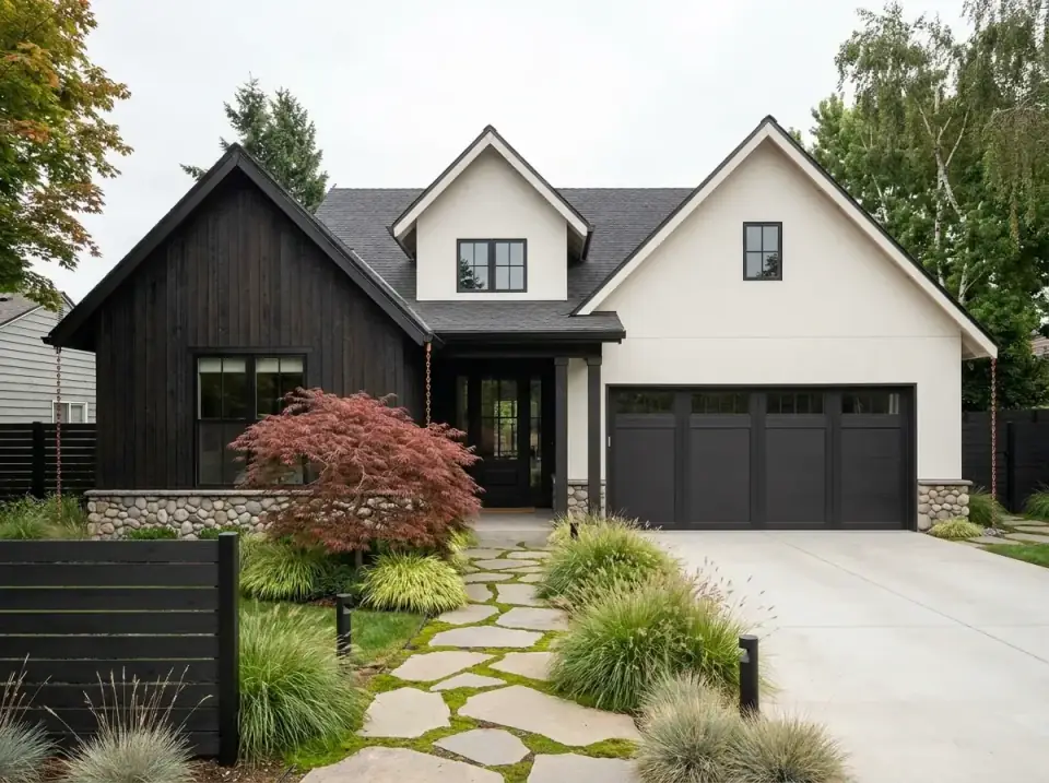 Two-tone rustic farmhouse with charred black-stained main gable, white garage wing, fieldstone base, and a flagstone path through native grasses