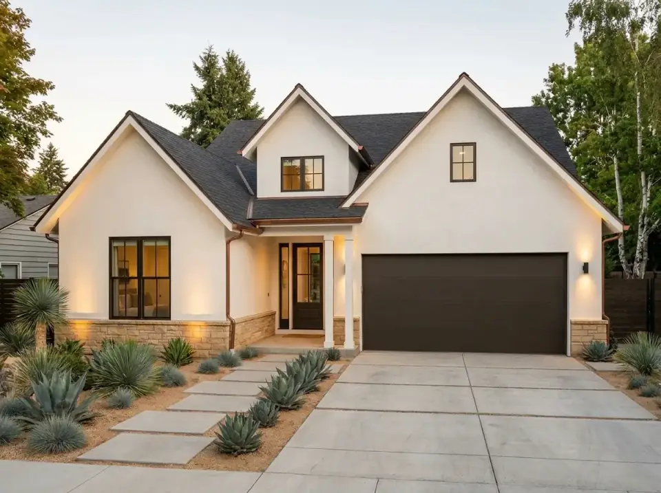 Desert-adapted farmhouse with white stucco walls, dark shingle roof, copper gutters, and drought-tolerant agave and yucca in decomposed granite