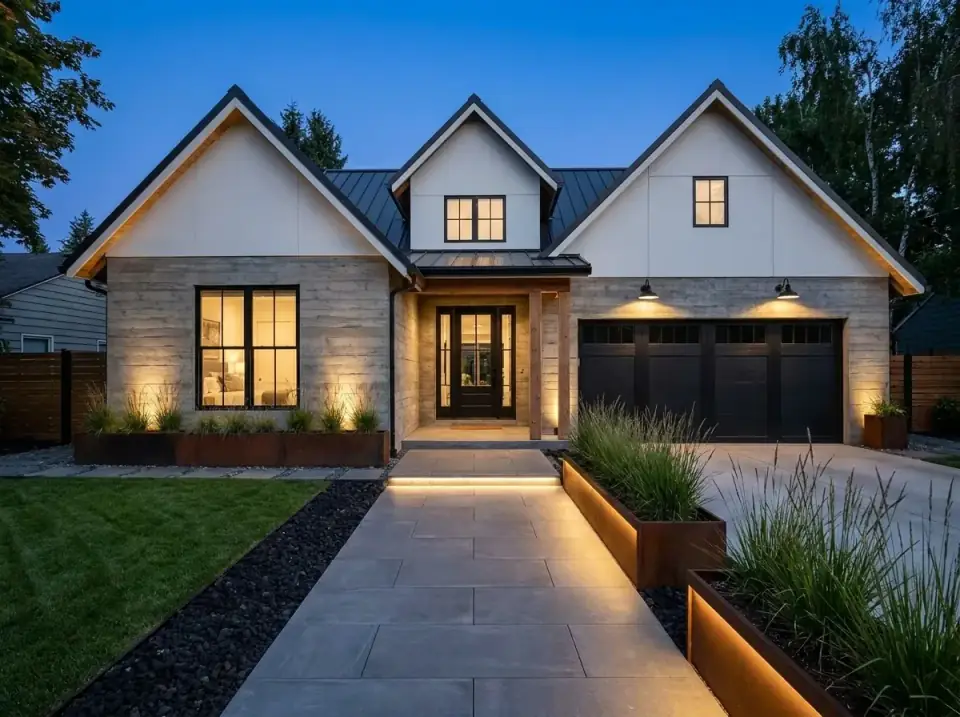 Industrial farmhouse at dusk with horizontal wood siding base, white gables, dark metal roof, corten-steel planters, and gooseneck sconces