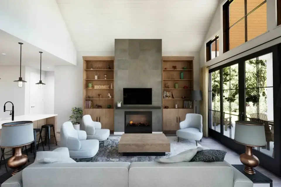 Front home office with a sliding barn door positioned off the main entry for a semi-private workspace