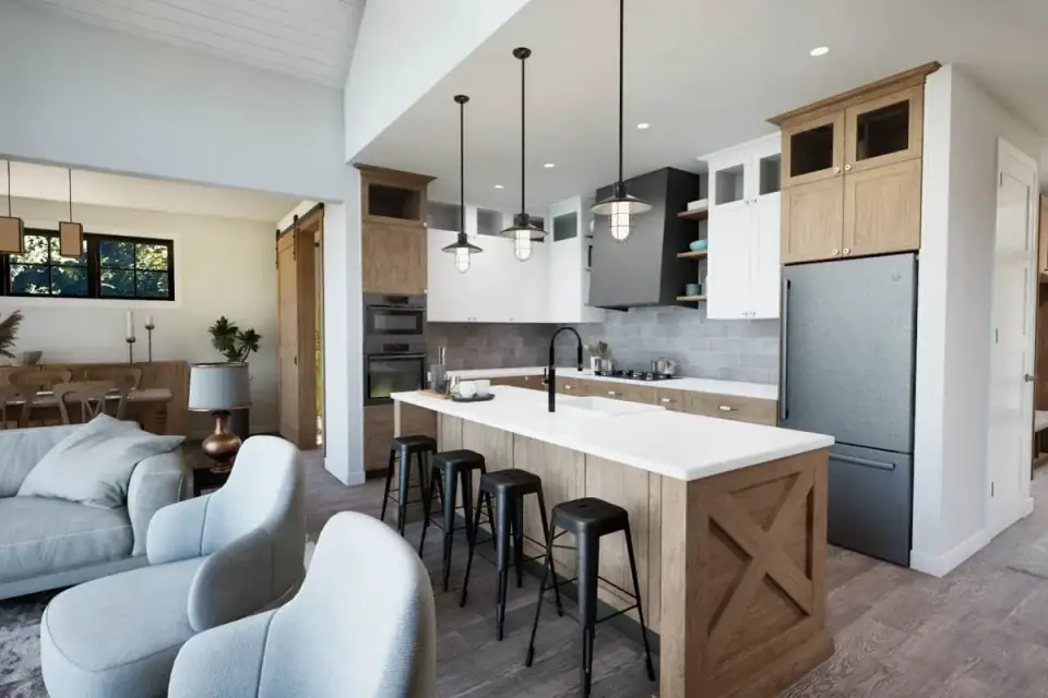 Foyer with built-in bench storage at the covered front entry of the modern farmhouse plan