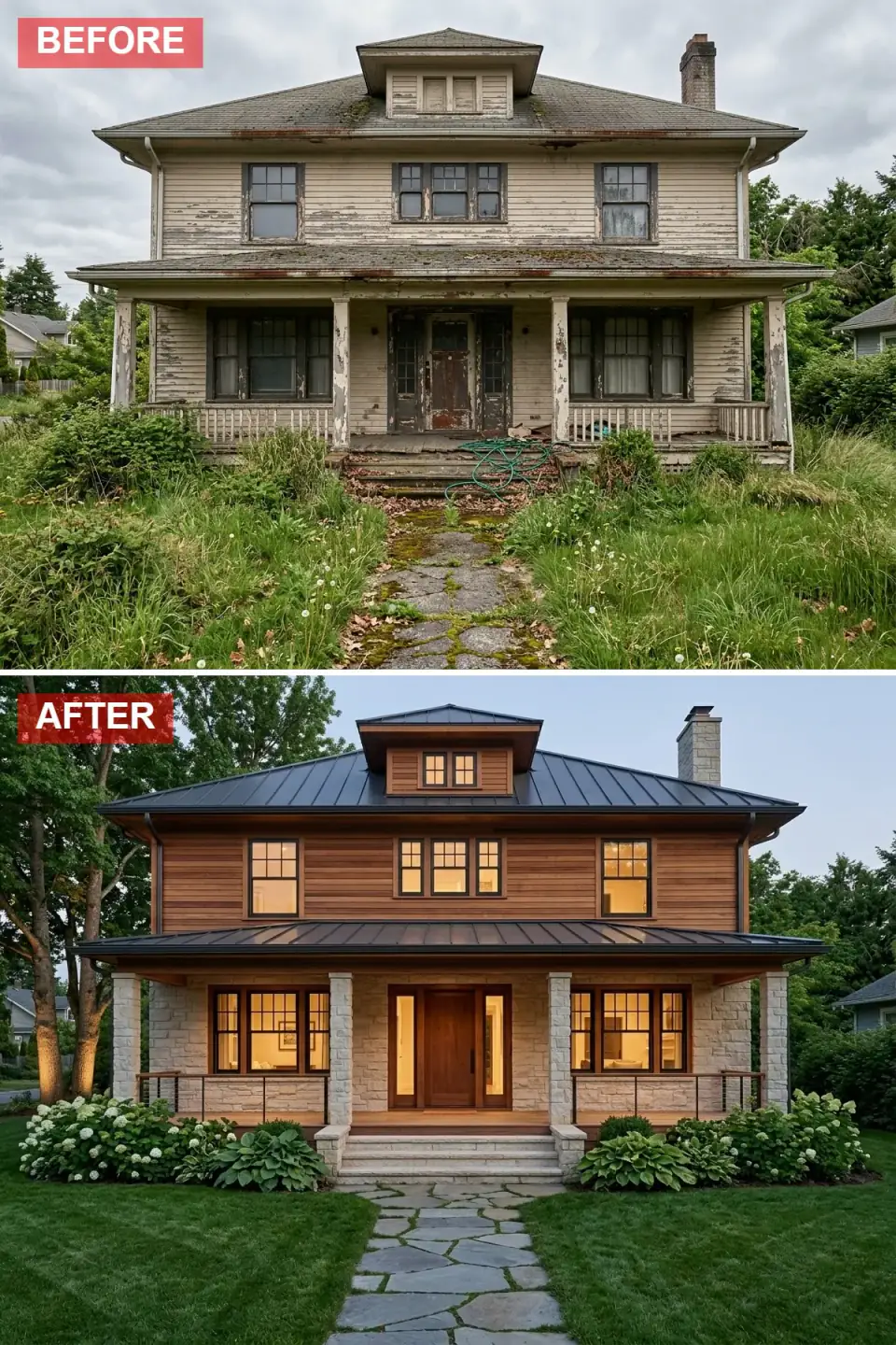 Forgotten facade rebirth in rich cedar cladding and dark standing-seam metal roof, with textured fieldstone porch columns, solid wood front door with sidelights, manicured lawn, lush hydrangea beds, and warm interior glow from uniform grid windows.