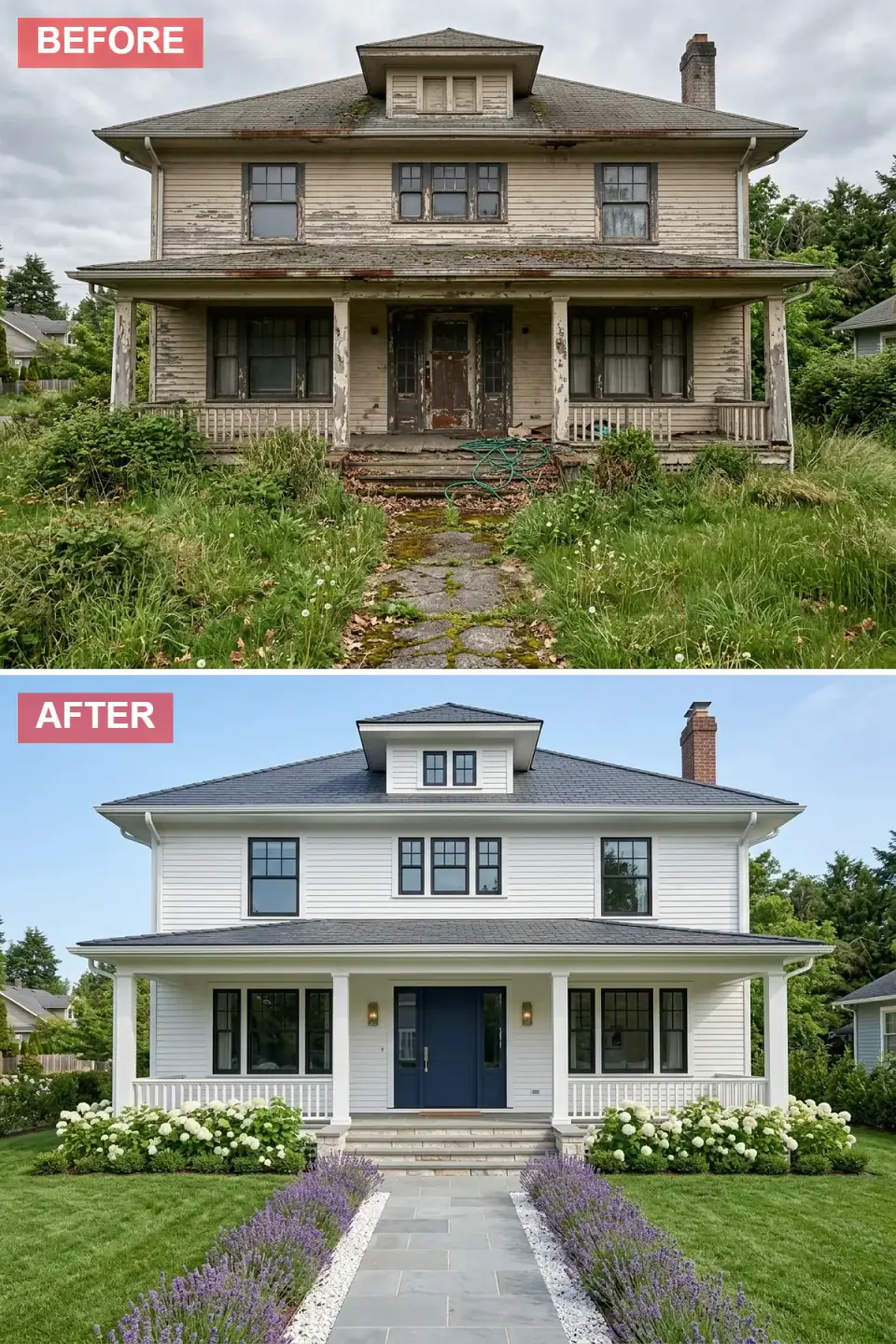 Classic coastal facade rebirth in crisp white clapboard siding, dark shingle roof, restored porch with white columns and traditional railings, bold navy double front door, bluestone walkway flanked by lavender rows and white hydrangeas, black-trimmed windows, brass sconces.