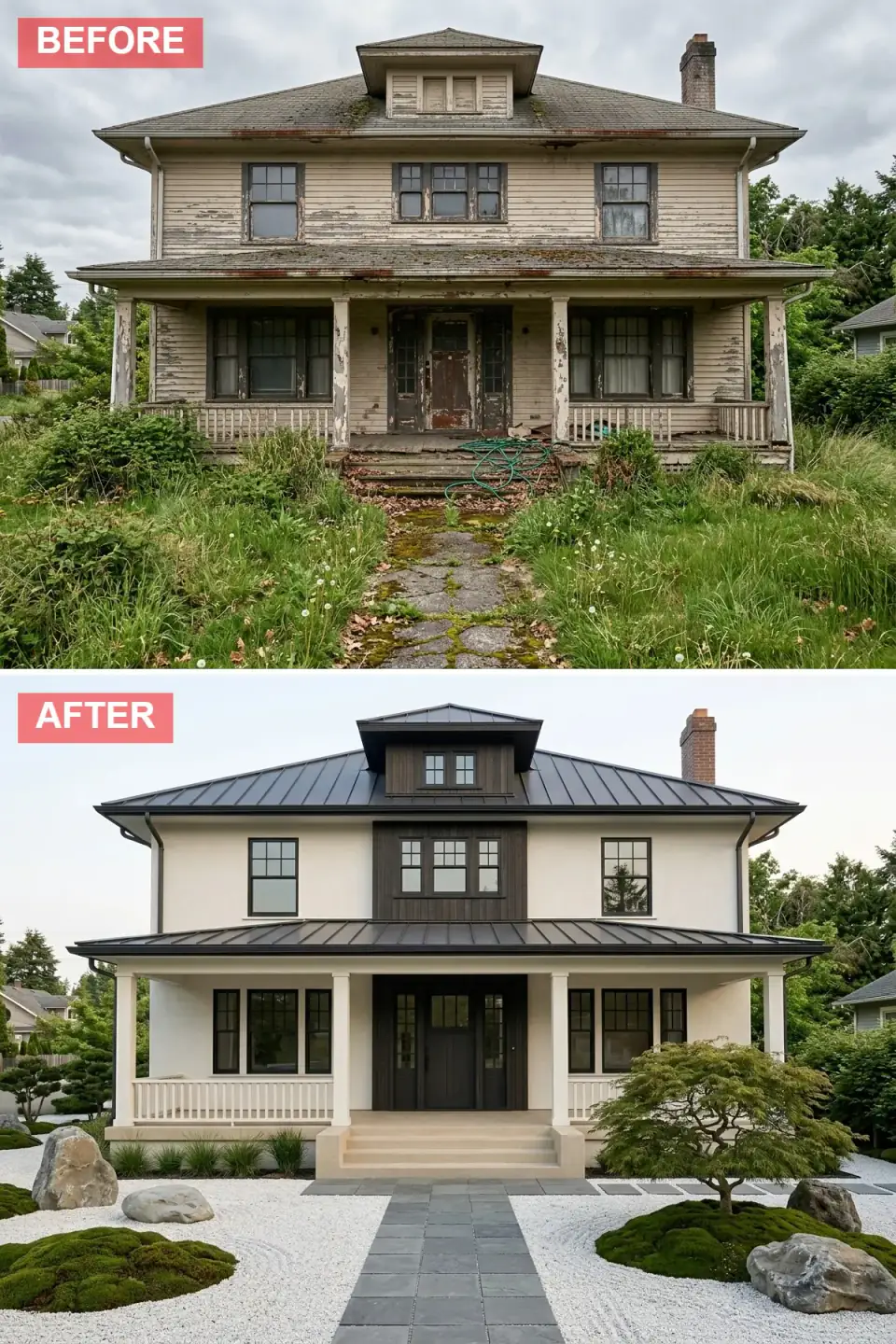 Japanese minimalist facade rebirth in creamy white stucco walls and dark wenge wood accents, sleek matte black metal roof, simplified porch with pale columns, raked white gravel Zen garden with sculptural boulders, moss islands, single Japanese maple, slate paver path.