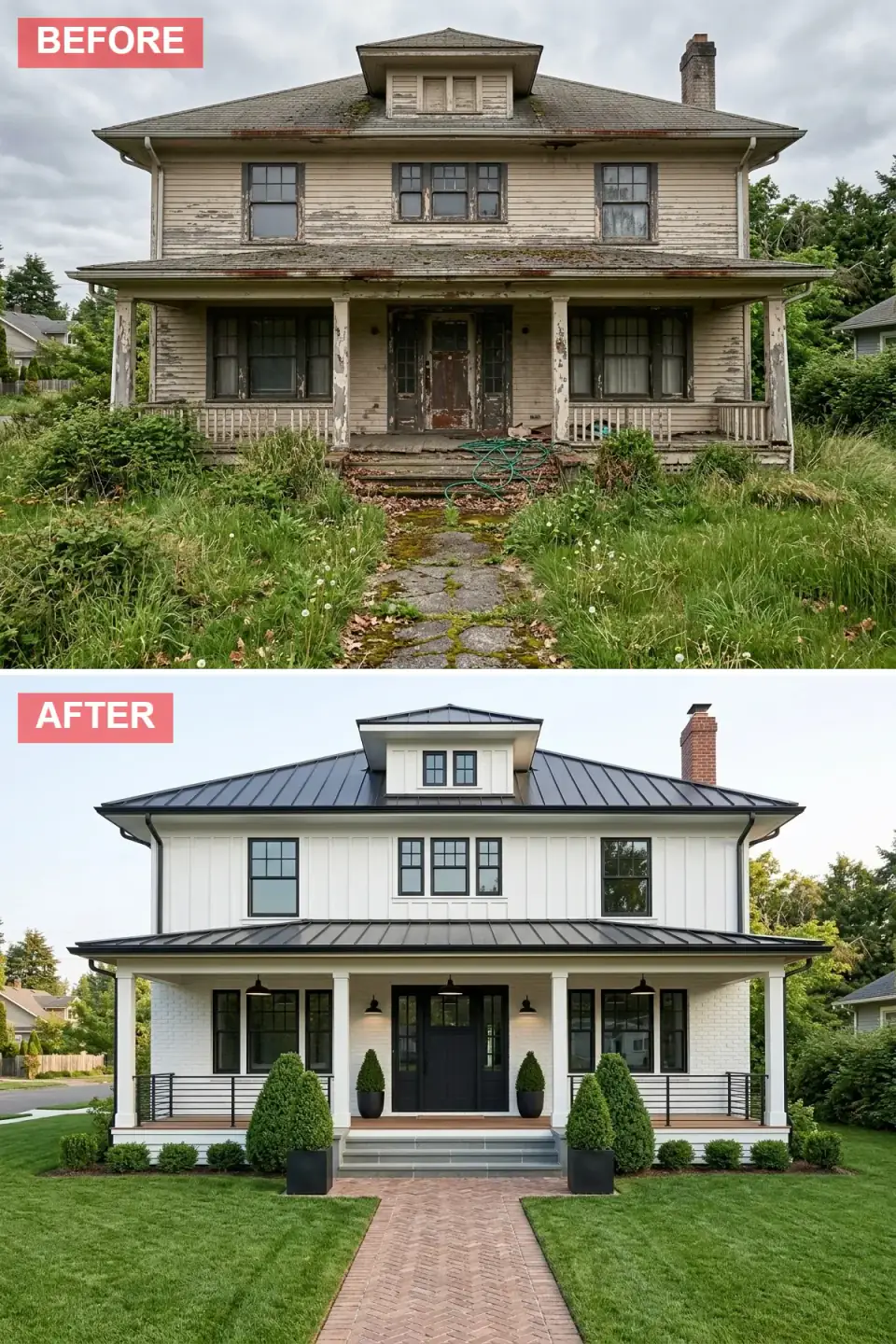 Modern farmhouse facade rebirth in bright white board-and-batten siding with painted white brick on the porch level, dark standing-seam metal roof, bold black paneled entry door flanked by symmetrical topiaries in matte black planters, herringbone brick walkway, wide stone steps, slender black metal railings, verdant lawn.