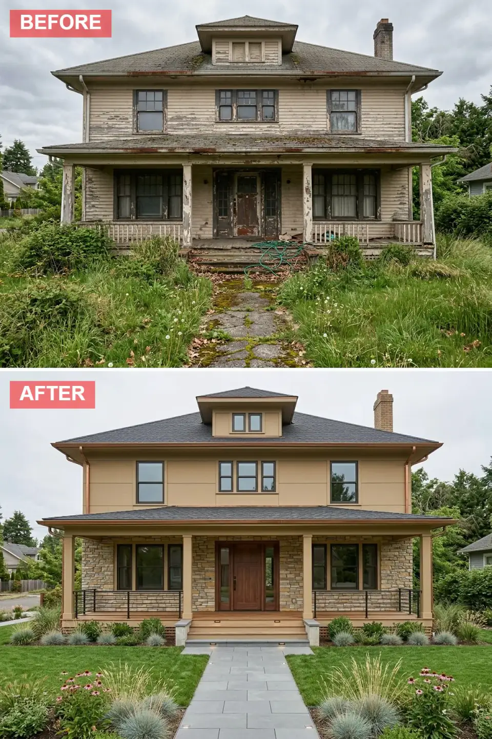 Prairie School organic facade rebirth with warm tan stucco upper story, stacked fieldstone porch base, copper gutters and flashing, dark shingle roof with broad eaves, rich wooden door with sidelights, thin black metal railings, native grasses and coneflowers with bluestone pavers and inset low-voltage lighting.