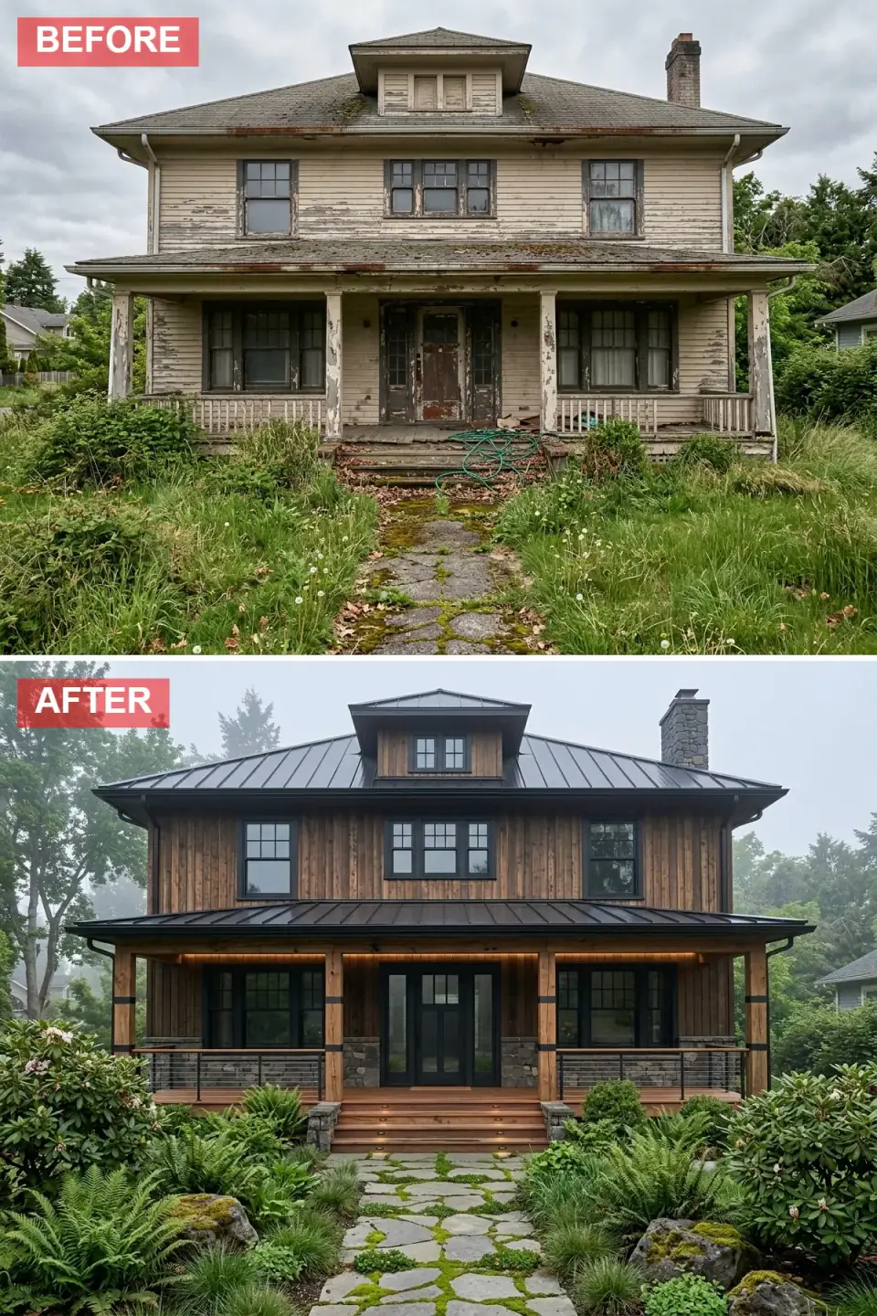 Mountain lodge facade rebirth sheathed in vertical cedar planks with dark metal banding and steep charcoal standing-seam roof, timber-wrapped porch columns on rugged stone bases, black-framed full-glass front door, warm LED strips under eaves and stair risers, moss-filled stone path with ferns and rhododendrons.