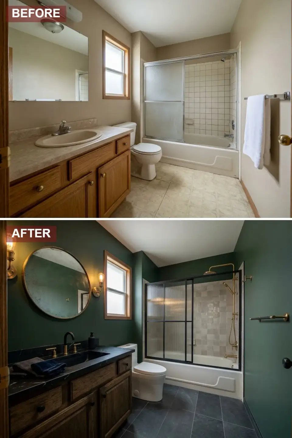 Moody botanical bathroom transformation in deep forest green walls, dark walnut-stained vanity with honed black stone countertop, antiqued brass Edison sconces, round antiqued mirror, ribbed glass black-framed shower door, mixed marble shower tiles, and large-format charcoal slate floor.