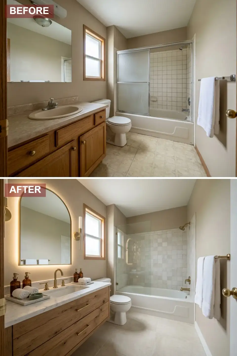 Modern organic Japandi bathroom transformation in warm greige plaster walls, floating white-oak credenza vanity with horizontal grain, Calacatta-look quartz countertop, arched backlit LED mirror, sculptural brass sconce, frameless glass shower panel with zellige wall tiles, large-format ivory limestone-look porcelain floor.