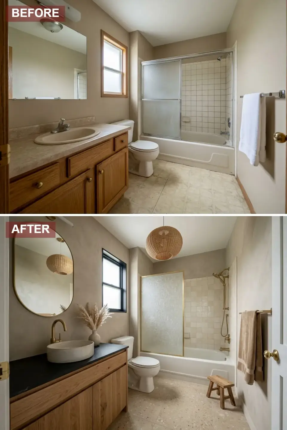 Wabi-sabi Mediterranean bathroom transformation in matte limewash plaster walls in warm taupe, raw oak vanity with black soapstone counter and round concrete vessel sink, gooseneck brass faucet, oversized arched mirror, woven rattan globe pendant, frosted textured-glass shower panel in brass frame, cream terrazzo floor tiles, teak stool, pampas grass.