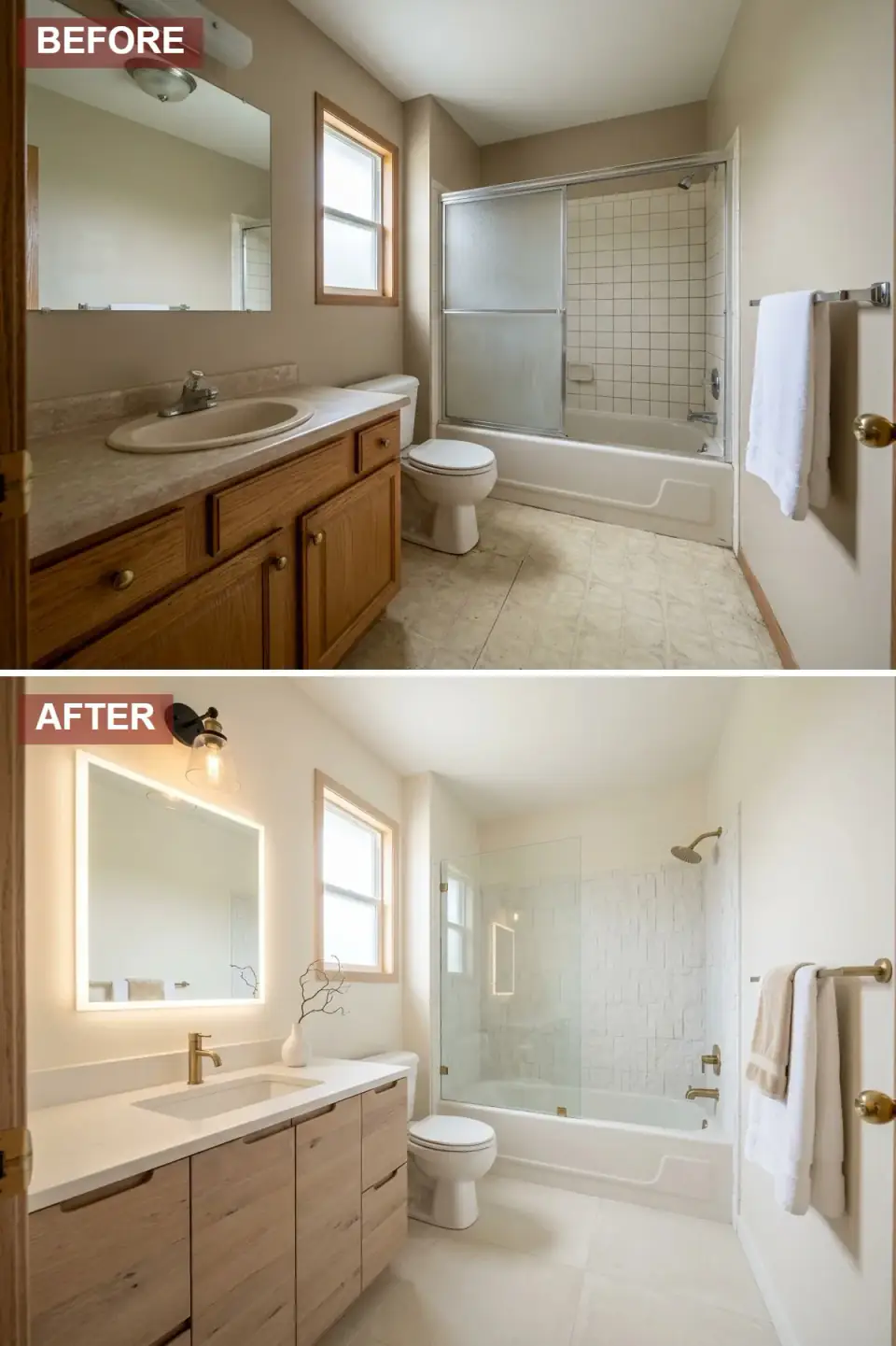 Scandinavian minimalist bathroom transformation in warm white walls and pale bleached oak, flat-panel vanity with integrated finger pulls and white quartz countertop, large rectangular perimeter LED-backlit mirror, black-and-brass sconce, frameless clear glass shower panel, three-dimensional white geometric wall tiles, pale gray porcelain plank floor.