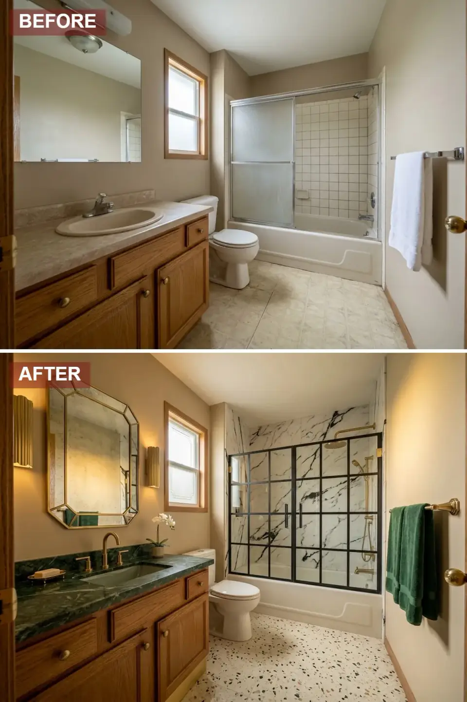 Art Deco glam bathroom transformation with refinished existing oak vanity carcass, striking emerald-green marble countertop and brass knobs, warm camel tan walls, octagonal antiqued mirror with beveled facets, vertical reeded brass sconces, Calacatta Viola porcelain shower slabs, black factory-frame sliding shower door, graphic black-and-white terrazzo floor.