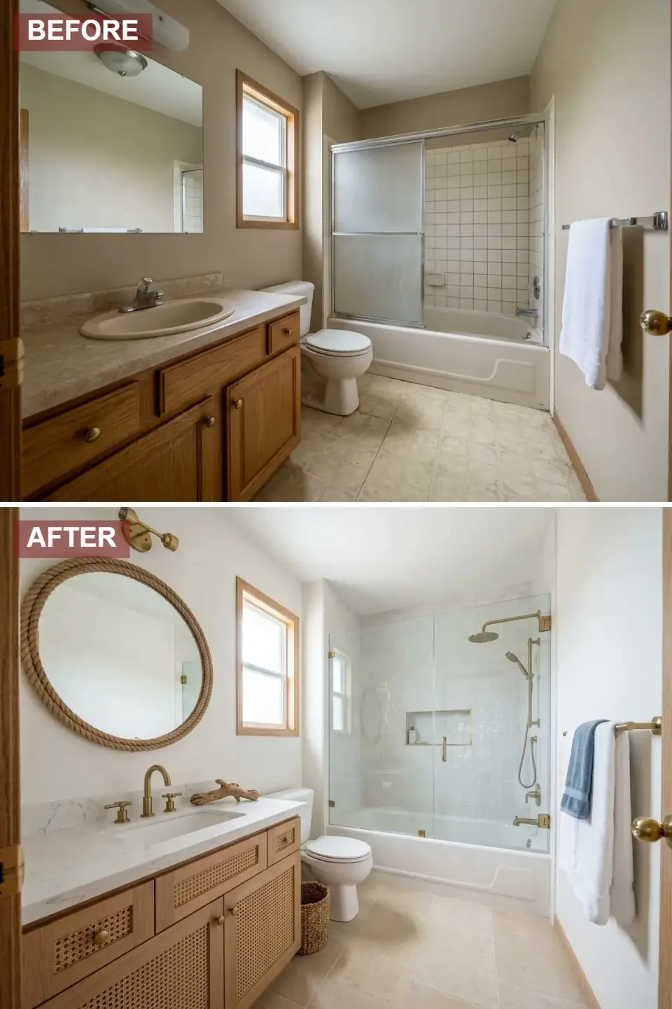 Coastal bathroom transformation with white-oak vanity featuring caned rattan door fronts and brass knobs, white marble countertop, round rope-wrapped statement mirror, brass swing-arm sconce, frameless glass shower door with brass hinges, pale aqua-tinged glossy subway tiles, brass-trimmed shower niche, large-format limestone-look floor, woven seagrass basket.