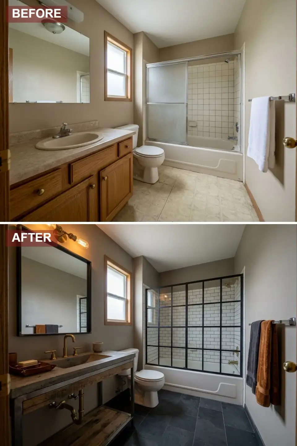 Industrial loft bathroom transformation in mid-tone weathered gray walls, reclaimed wood open-shelf console with poured concrete integrated trough sink and exposed brass plumbing, matte black-framed rectangular mirror, vintage brass bare-bulb sconce, black grid sliding shower door with white subway tile and dark grout, large-format charcoal slate floor, terracotta accessories.