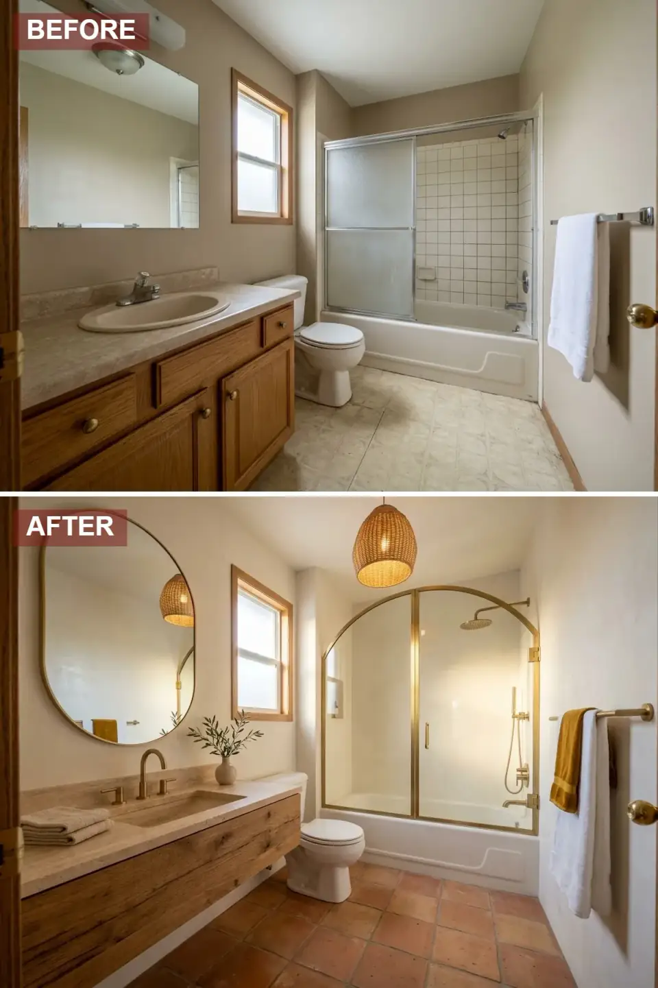 Mediterranean bathroom transformation with warm alabaster white walls, hand-formed terracotta floor tiles, floating raw-oak plank vanity with integrated stone ramp sink, brass gooseneck faucet, oversized organic round mirror with thin brass rim, woven rattan pendant light, arched brass-framed sliding shower door, simple cream shower tile.