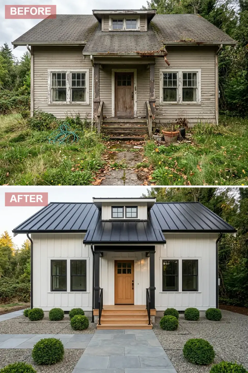 Modern farmhouse exterior transformation with crisp white James Hardie board-and-batten siding, charcoal standing-seam metal roof, sleek black square porch columns, natural oak front door, formal gravel courtyard edged with bluestone pavers and clipped boxwood spheres replacing original rotting shingles and overgrown lawn