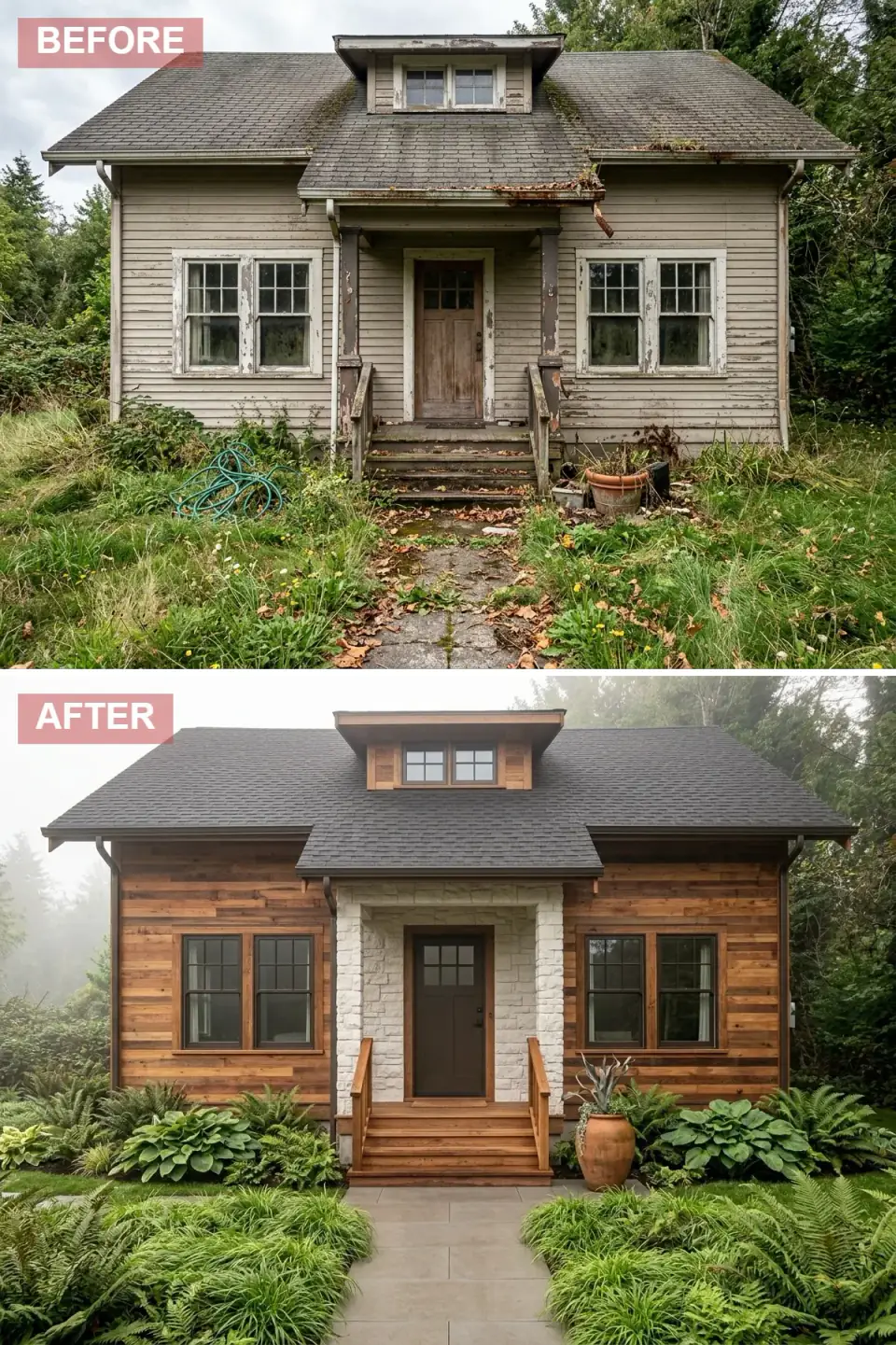 Cedar woodland sanctuary exterior transformation with horizontal cedar shingles and planks in honey-amber tones, dark charcoal roof, whitewashed stone porch surround, dark chocolate front door with matching wood steps, lush ferns and hostas with a statement terracotta urn holding a sculptural succulent flanking a clean concrete walkway