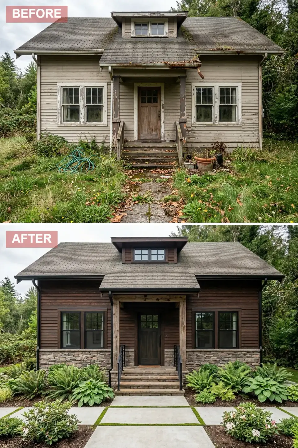 Lodge-style exterior transformation with chocolate-brown horizontal clapboard siding, substantial fieldstone wainscot anchoring the foundation, hefty natural timber porch posts replacing original slender columns, large concrete slab pavers with moss joints, layered shade-loving ferns hostas and rhododendrons in a woodland garden setting