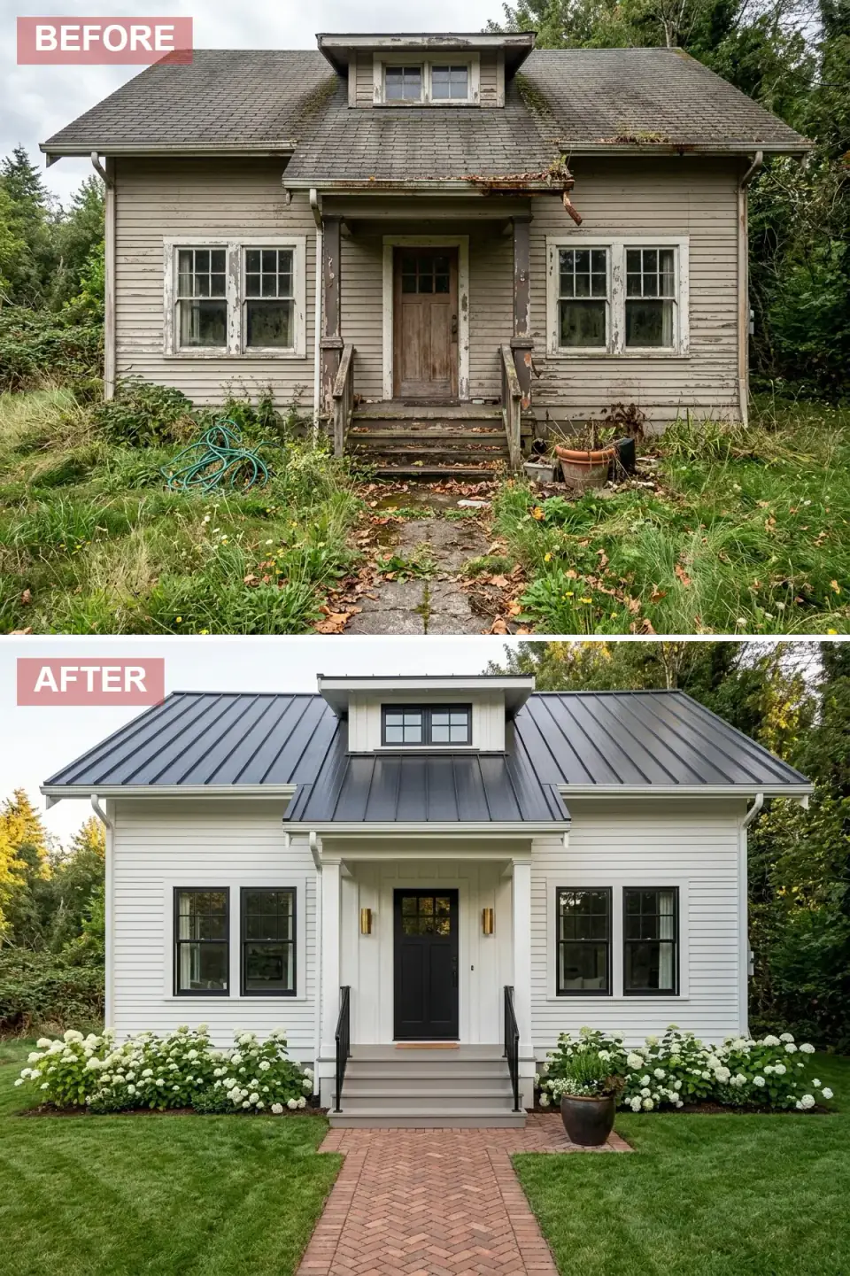 Colonial revival exterior transformation with bright white clapboard siding, dark metal roof, black-framed double-hung windows with generous white trim, glossy black paneled front door flanked by brass sconces, manicured lawn bordered by billowing white hydrangeas, herringbone brick walkway leading to charcoal-painted steps