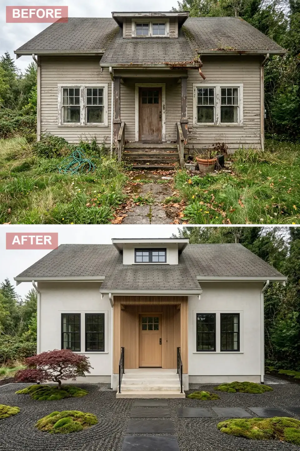 Zen-inspired exterior transformation with smooth off-white stucco walls, cedar slat feature wall framing a contemporary light-wood door, Japanese-inspired rock garden replacing the chaotic front yard with dark raked gravel sculptural moss islands a weeping Japanese maple, large-format slate stepping stones floating toward pale concrete stairs