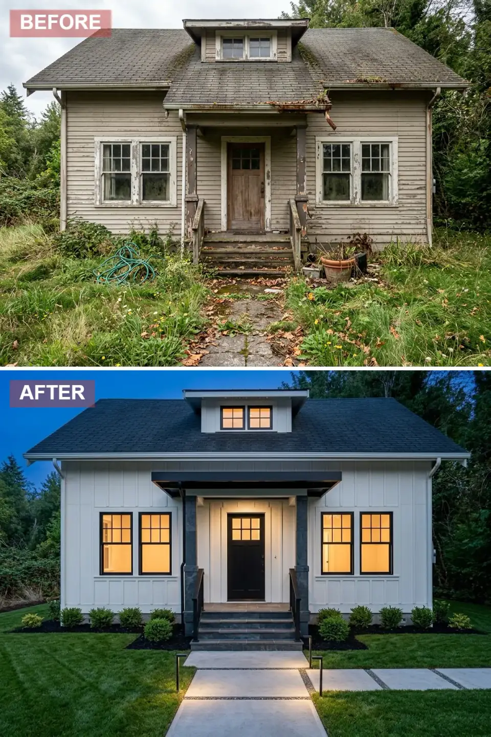 Nocturnal modern farmhouse exterior transformation with white board-and-batten siding, deep charcoal shingle roof, cantilevered black porch roof with integrated downlighting framing a bold black door, black-trimmed windows glowing from interior light, dark mulch beds with petite evergreens, polished concrete path flanked by modern bollard lights