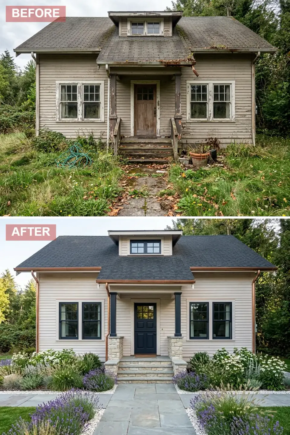 French country cottage exterior transformation with buttery beige horizontal lap siding, dark graphite shingle roof accented by copper gutters and downspouts, navy-blue door and window frames against pale stone column bases, drifts of lavender white daisies and feathery grasses along bluestone pavers bordered by crushed white gravel