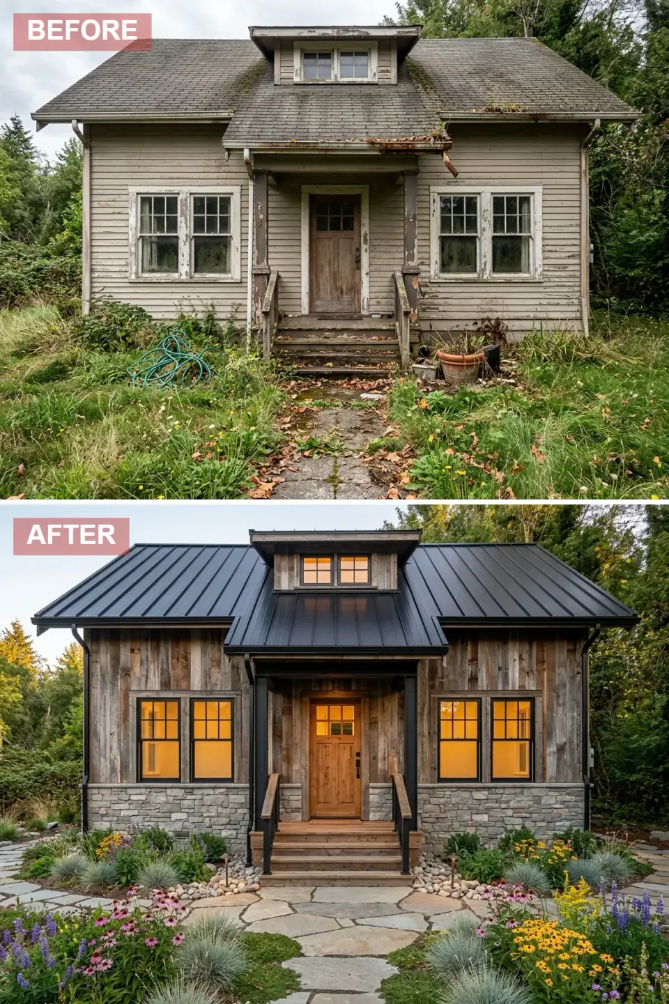 Reclaimed mountain retreat exterior transformation with weathered reclaimed barn wood siding and black standing-seam metal roof, chunky gray fieldstone wainscot, warm glowing wooden door with natural wood steps, wildflower meadow replacing weedy lawn with coneflowers black-eyed Susans and blue salvia, flagstone path set in low grasses and river rock