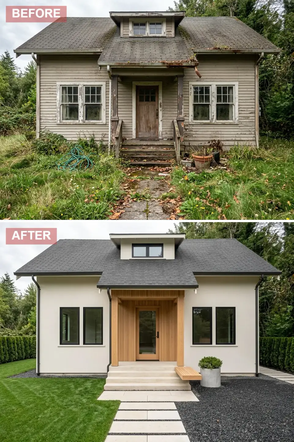 Scandinavian minimalist exterior transformation with smooth off-white render walls and dark shingle roof, precise entry portal clad in pale vertical cedar slats with a sleek wood door, pale concrete stairs, dark gravel bed contrasting with bright green turf, floating concrete pavers with dark joints simple wood bench and cylindrical planter