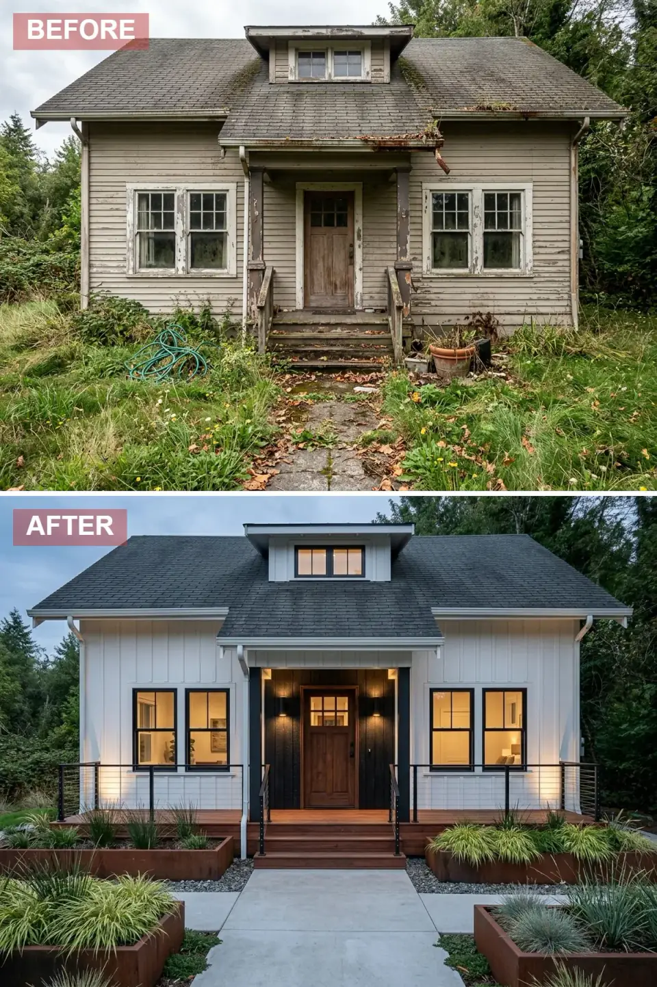 Industrial farmhouse exterior transformation blending white board-and-batten siding with dramatic charcoal accent wall behind a rich walnut door, expanded porch with warm wood flooring and modern cable railings, massive corten steel planters with architectural grasses, simple concrete plank walkway, up-down sconces and warm interior glow