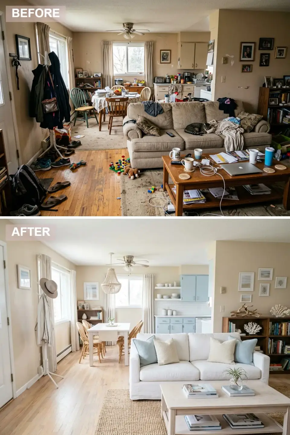 Open-concept living and dining room refreshed in coastal style with sky-blue kitchen cabinets, a white sofa, jute rug, rattan dining chairs, and a beaded chandelier
