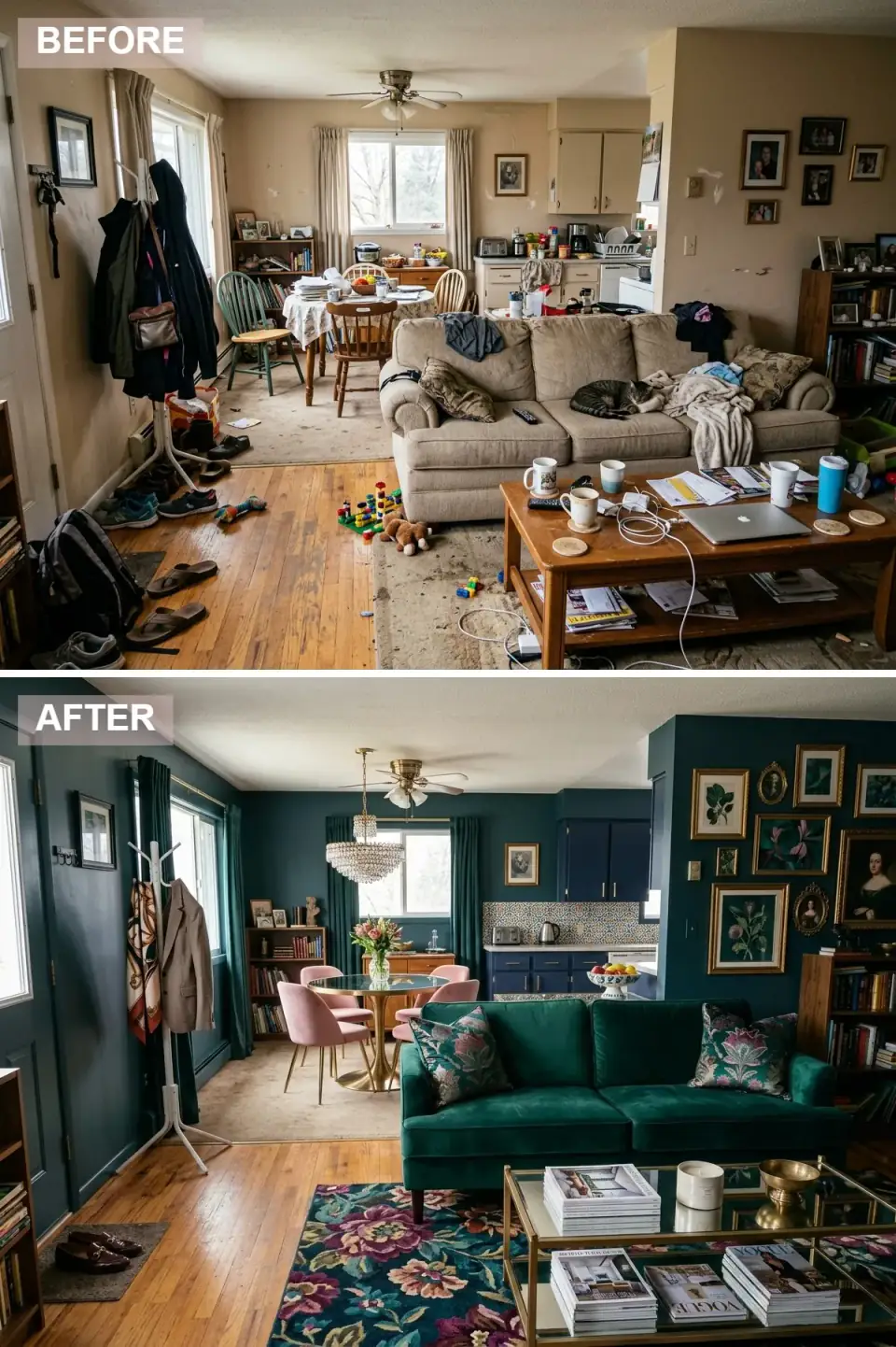 Open living and dining space painted deep teal with an emerald velvet sofa, navy kitchen cabinets, encaustic tile backsplash, crystal chandelier, and blush velvet dining chairs