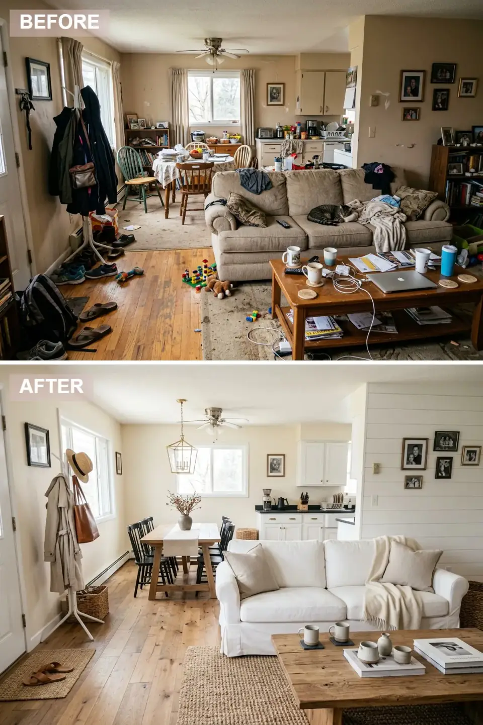 Modern farmhouse open-plan space with white shiplap accent wall, white slipcovered sofa, white shaker kitchen cabinets with black hardware, wood farmhouse dining table, and black spindle chairs