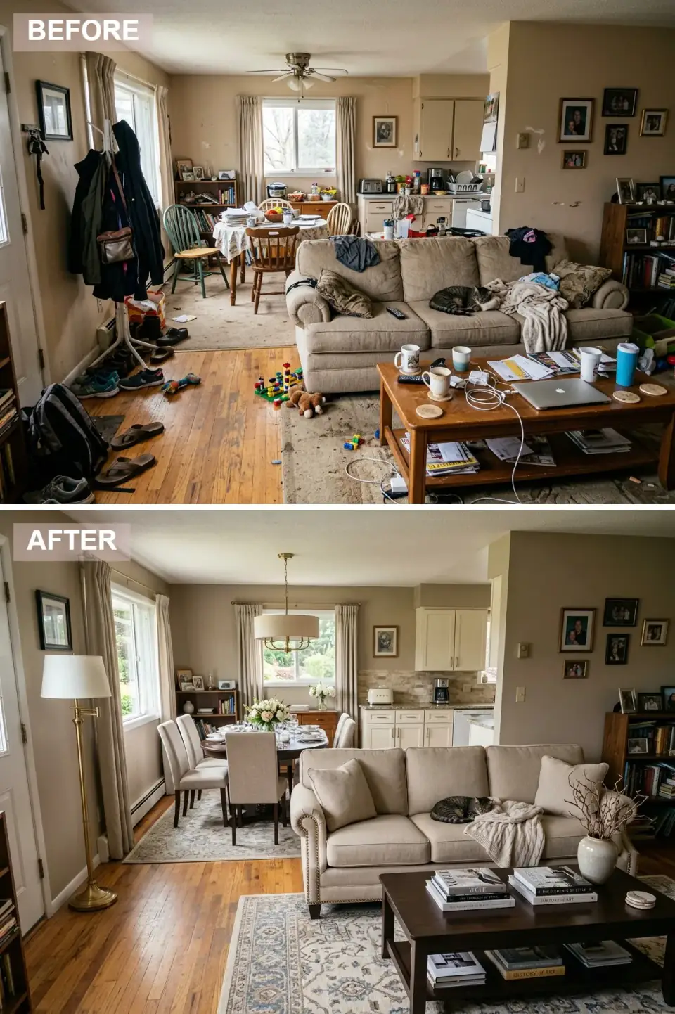 Traditional open-plan living and dining room in warm taupe with a rolled-arm nailhead sofa, oval dark-wood dining table, upholstered host chairs, brass drum chandelier, and cream-and-blue rugs
