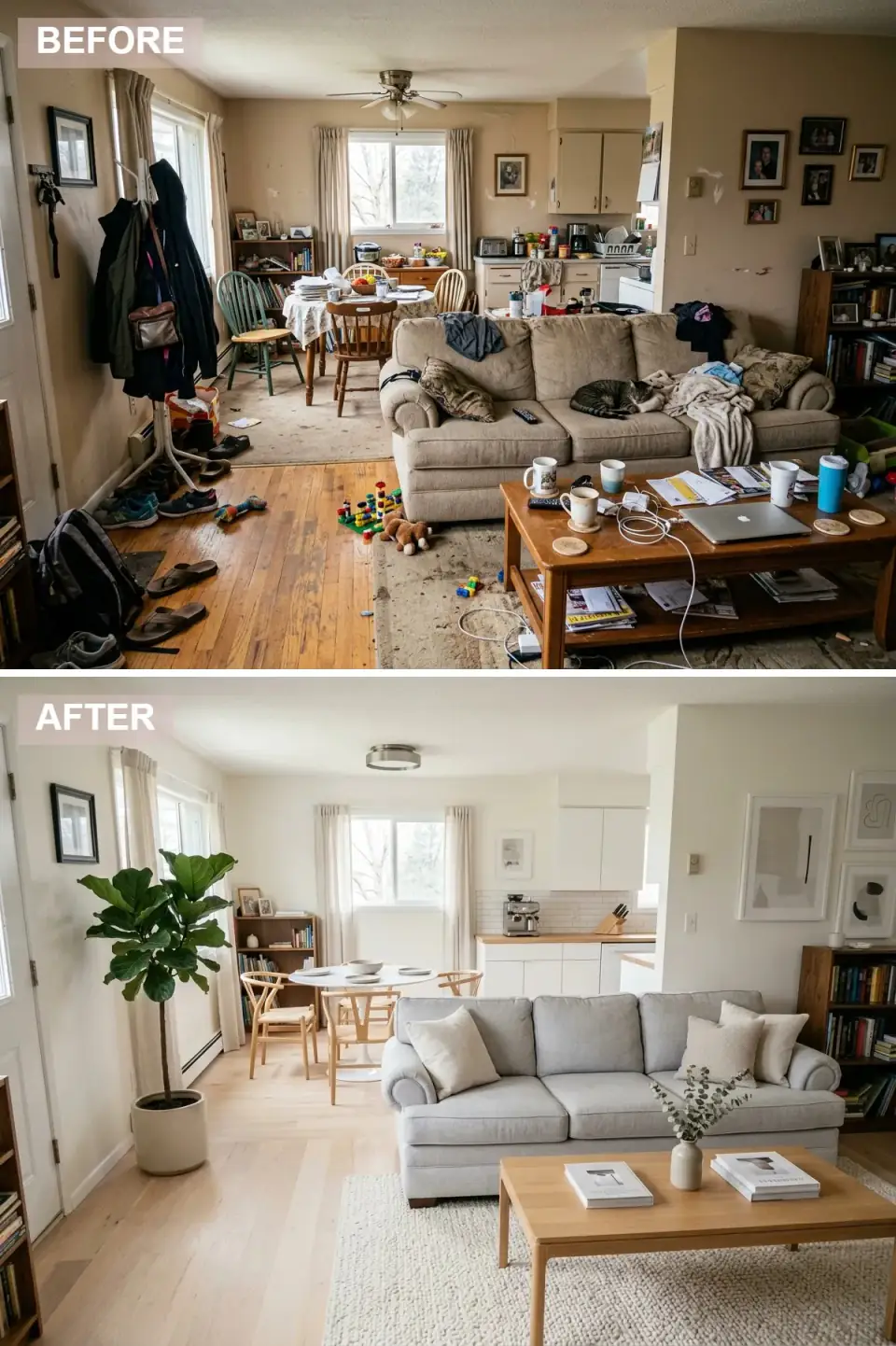 Bright Scandinavian open-plan room in soft white with pale wood floors, light grey sofa, oak coffee table, round white dining table with wishbone chairs, white flat-panel kitchen, and a fiddle-leaf fig