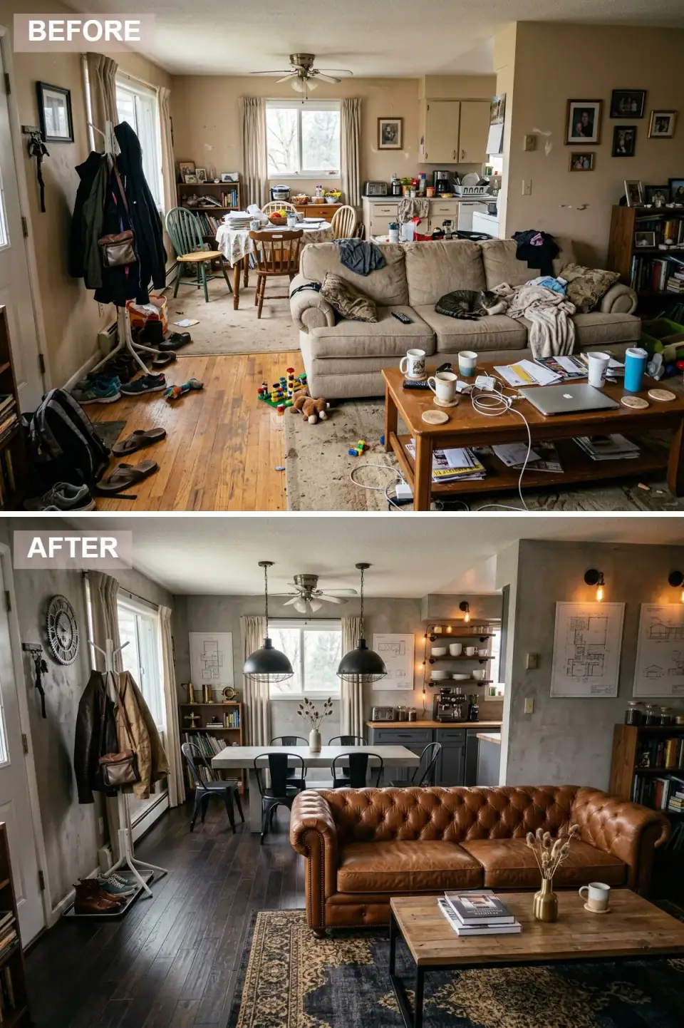 Industrial rustic open-plan loft with faux-concrete walls, caramel leather Chesterfield sofa, reclaimed wood coffee table, concrete-top dining table, black Tolix chairs, open kitchen shelving, and Edison bulbs