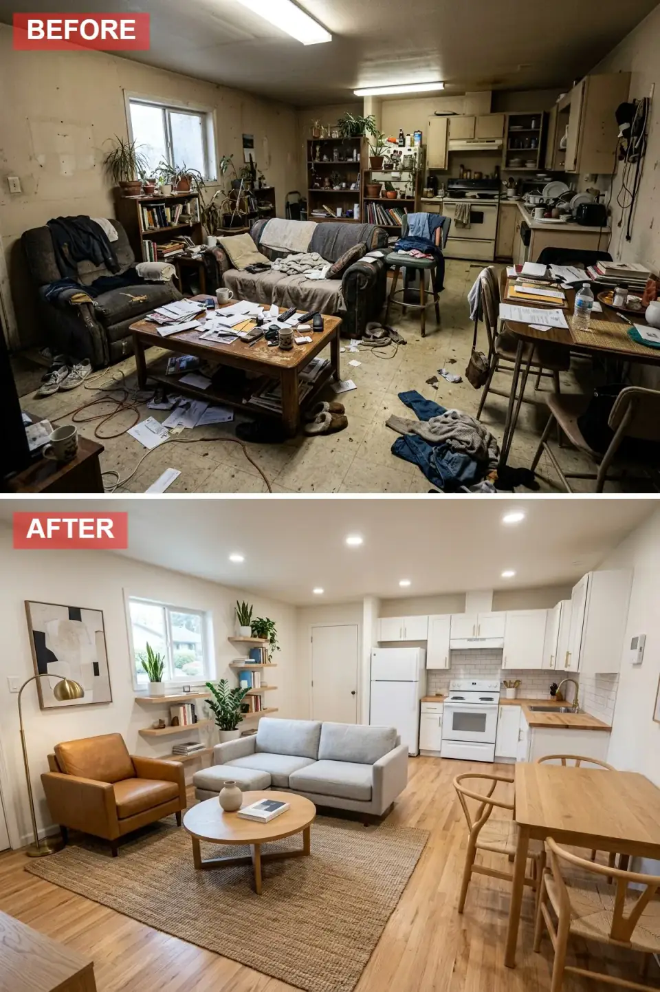Open-plan kitchen and living room renovated in modern Scandinavian style with white walls, light oak flooring, white shaker cabinets, butcher block countertops, subway tile backsplash, light grey sofa, and tan leather armchair.