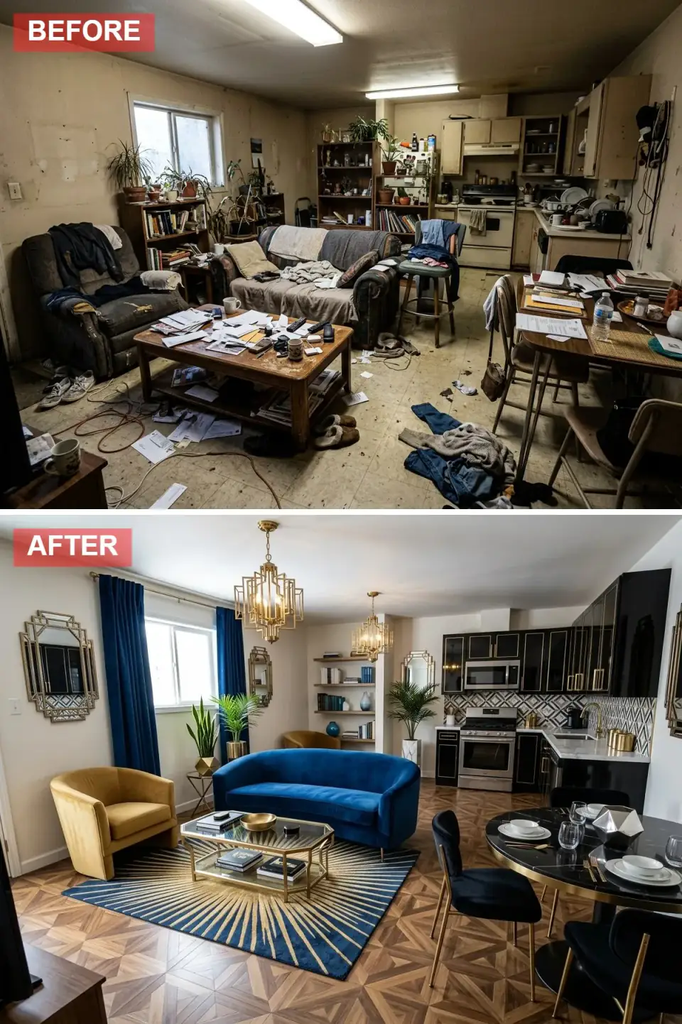 Open-plan room transformed in Art Deco glamour style with geometric wood parquet flooring, curved sapphire blue velvet sofa, gold velvet armchair, black slab kitchen cabinets with gold hardware, black white and gold geometric tile backsplash, and two large gold geometric chandeliers.