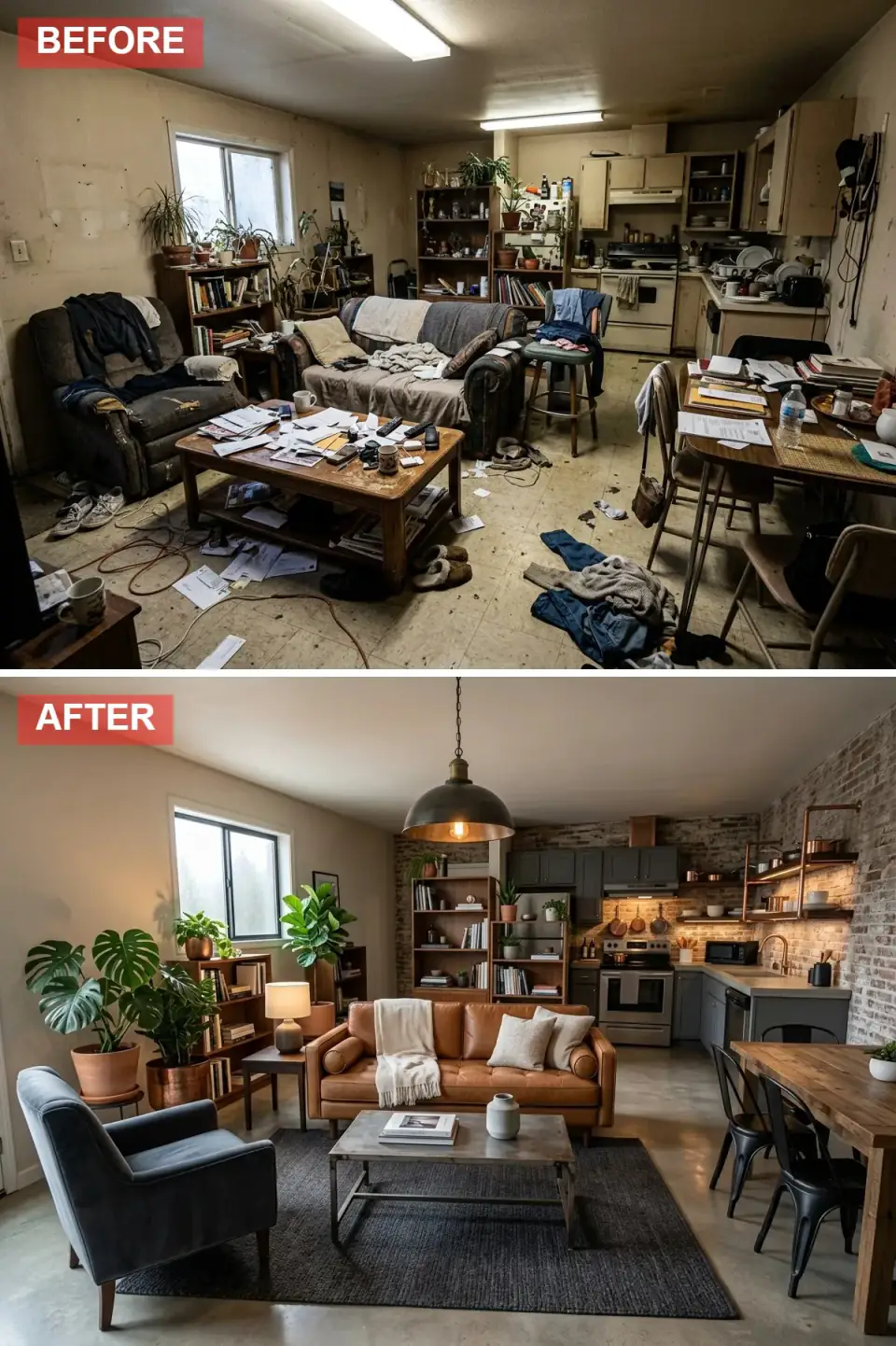 Open-plan space transformed into industrial chic style with faux exposed brick feature wall, polished concrete flooring, charcoal grey kitchen cabinets, copper hardware, cognac leather sofa, oversized pendant light, and pipe-and-wood open shelving.